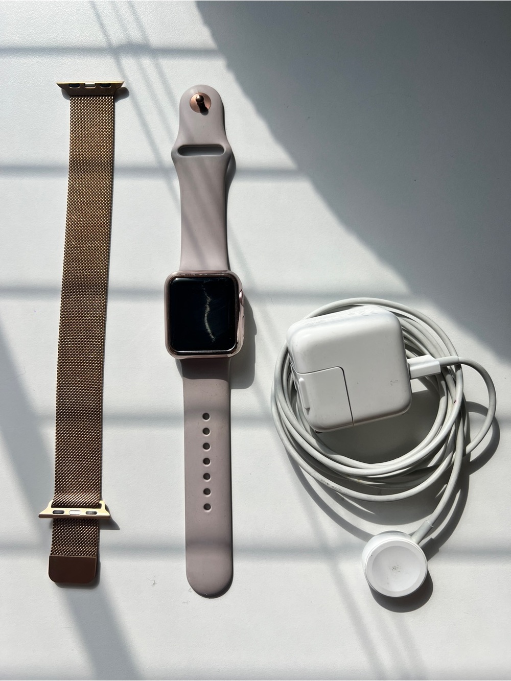 Apple Watch with Rose Gold Silicone Band and Charger